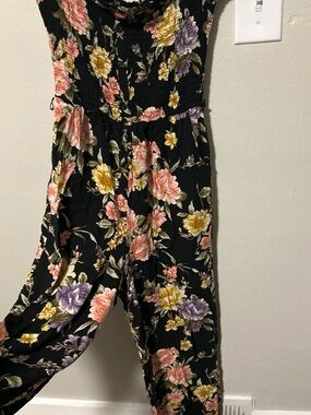 Women's Black Floral Jumpsuit - Pink, Yellow & Purple Blooms